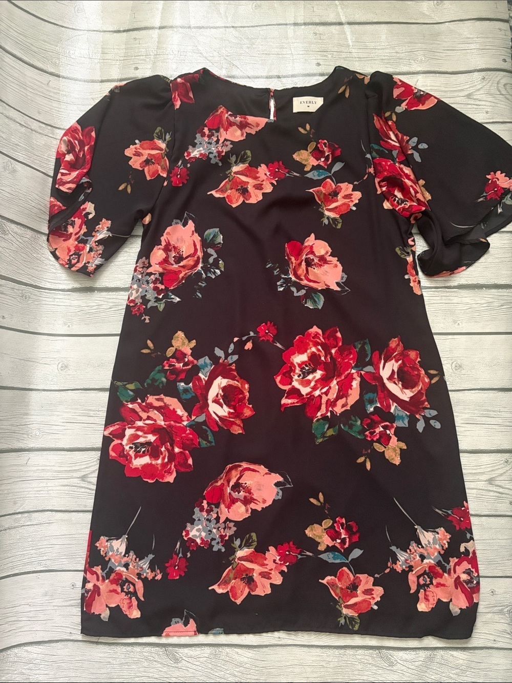Everly Black Mini Dress with Red and Pink Floral Print